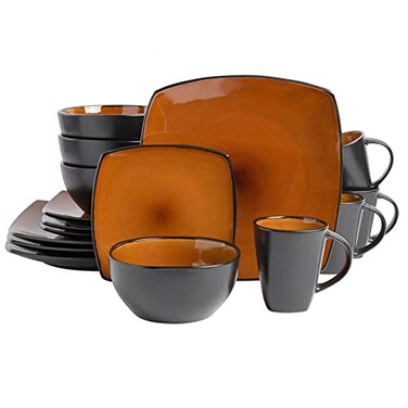 Gibson Elite Soho Lounge Square Reactive Glaze Stoneware Dinnerware Set Service for 4 16pc Amber