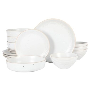 Gibson Home Dinah 16Piece Matte White Stoneware Dinnerware Set Double Bowl Embossed Speckled Design Durable Kitchen Dinnerware