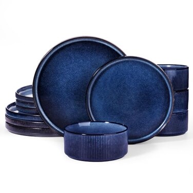 famiware Famiware Star 12Piece Stoneware Dinnerware Sets for 4 Reactive Glaze Plates and Bowls Modern Rustic Dishes for Everyday Formal Use ChipScratch Resistant MicrowaveDishwasher Safe Nebulas Blue