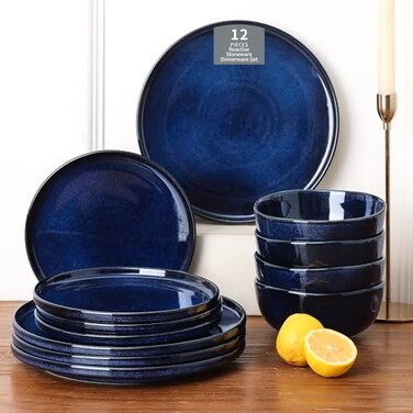 vicrays Vicrays Ceramic 12 Pieces Dinnerware Set Dinner Plates Salad Plates Cereal Bowls Set Service for 4 Scratch Resistant Microwave Oven Dishwasher Safe Blue