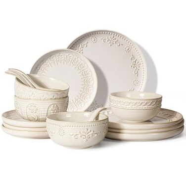 Artena Plates And Bowls Sets 16 Pieces Dinnerware Sets Dish Set For 4 Ceramic Kitchen Bowl And Plate Set Embossed White Dishware Sets Dishwasher Microwave Safe Multiple Patterns