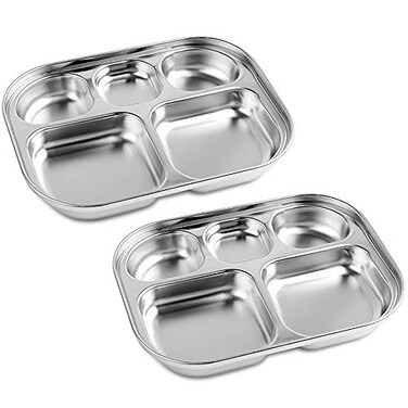 DleDan Stainless Steel Divided Plates Tray 5 Section Kids Toddlers Babies Small Size Compact Serving Platter Dinner Snack Camping Dishes 2 Pack