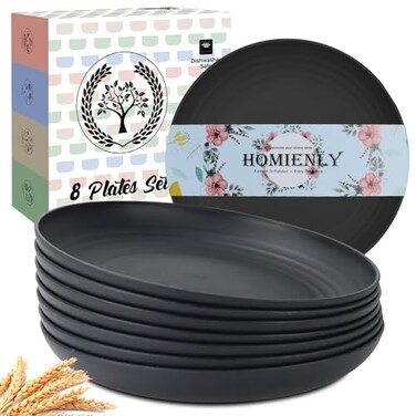 Homienly Wheat Straw Plates Sets 8 PCS Unbreakable Plastic Plates for Party Camping Picnic Stackable Deep Dinner Plates Set Microwave Dishwasher Safe Kitchen Plates for Dessert Black 9 inch