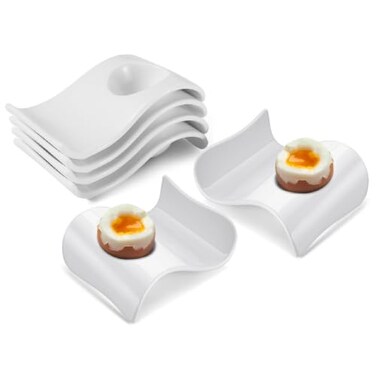 Flexzion Ceramic Egg Holder Cup 6Piece Hard Boiled Egg Holder Soft Boiled Egg Holder Set White Coddled Egg Cup Stable Stackable Modern Wave Style Egg Serving Dish with Base