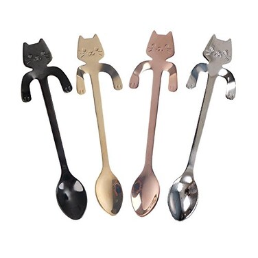 OBANGONG 4 Pcs Coffee Spoon Set Mini Cat Hugging Kitty Tea Soup Sugar Dessert Appetizer Seasoning Bistro Hanging Cup Spoon