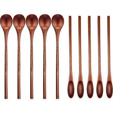Patelai 10 Pieces Wooden Coffee Spoons Long Handle Mixing Wooden Spoon Handmade Stirring Teaspoon for Kitchen Stirring