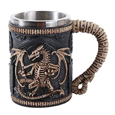 Pacific Giftware Gothic Skeleton Dragon Skull Tankard Beer Stein 16 oz Stainless Steel Insert