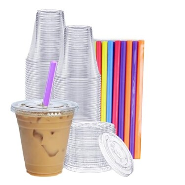 GUSTO 12 oz 100 Count Clear Cups with Flat Lids Straws Disposable Clear Drinking Cups for Iced Coffee Cold Drinks Milkshakes and Smoothies Formerly Comfy Package