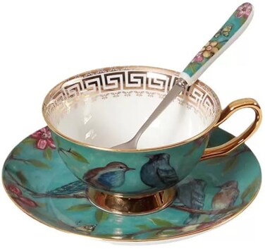 Eplze YBK Tech Euro Style Cup Saucer Set Art Bone China Ceramic Tea Coffee Cup for Breakfast Home Kitchen Birds and Trees Patterns Blue