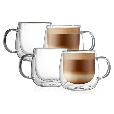 CNGLASS 16oz Double Walled Glass Coffee Mugs4packLarge Clear Coffee Cups with HandleGlass Espresso Mugs for LatteCappuccinoTea