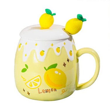 Mozacona Ceramic Mug Lemon Coffee Cup Water Cup with Lid and Spoon