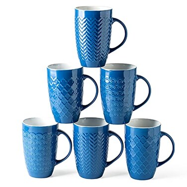 AmorArc Extra Large Coffee Mugs Set of 6 20oz Ceramic Tall Coffee Mugs Set with Textured Geometric Patterns for LatteTeaBeerHot Cocoa Dishwasher Microwave Safe Blue