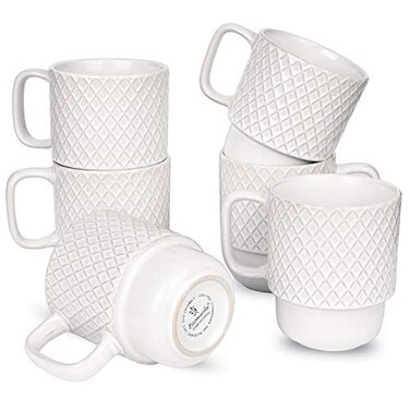 Bosmarlin Large Ceramic Stackable Coffee Mugs Set of 6 17 Oz Dishwasher and Microwave Safe White 17 Oz