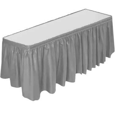 DecorRack Table Skirt 29 in x 14 ft BPA Free Plastic Tableskirt Disposable Reusable Rectangular Tablecloth Skirt Silver 1 Pack