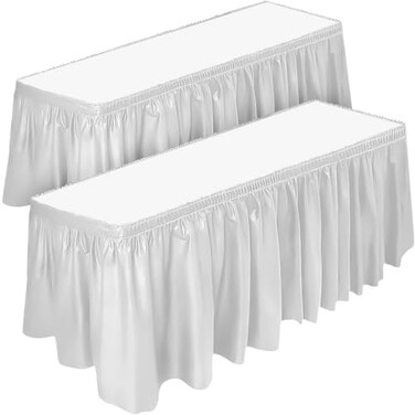 DecorRack 2 Pack Table Skirts 29 in x 14 ft Each Multi Pack BPA Free Plastic Tableskirt Disposable Reusable Rectangular Tablecloth Skirt White 2 Pack