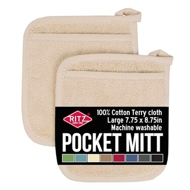 Ritz RITZ Terry Pocket Mitt Hot Pad Unparalleled Heat Resistant Durable 100 Cotton Ergonomically Designed for Optimal Grip EasyCare Machine Washable 2Pack Latte