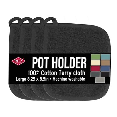 Ritz RITZ Terry Potholder Hot Pad Unparalleled Heat Resistant Durable 100 Cotton Ergonomically Designed for Optimal Grip EasyCare Machine Washable 4Pack Black