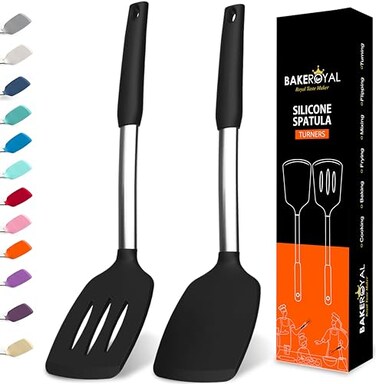 BAKEROYAL BakeRoyal Silicone Spatula Set Turner Spatulas Silicone Heat Resistant 600F Slotted Solid Spatula for Cooking Fish Eggs Pancakes Flipper Spatulas for kitchen use Black