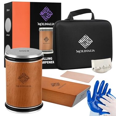 MOLINALIA Molinalia Rolling Knife Sharpener Kit for Kitchen Multi Angle Tool with Magnetic Angle Guide 1520 Diamond Ceramic Discs Knife Sharpening Kit having Finger Guard Gloves Travel Bag