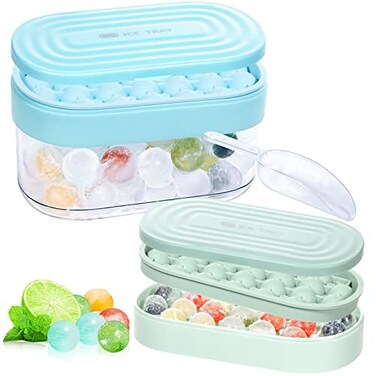 Webake Round Silicone Ice Cube Trays for Freezer with Lid and Bin 2 Pack Ice Mold1 Bin Easy Release Small Ice Ball Maker Circle Ice Cube Tray for Drinks Coffee Tea