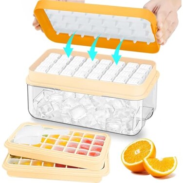ZZWILLB Ice Cube Tray with Lid and Bin 64 pcs Ice Tray Kit with Ice Scoop Ice Cube Pop Out Tray Ice Cube Trays for Freezer Ice Cube Molds BPA Free Easy Release Stackble SpillResistant Orange