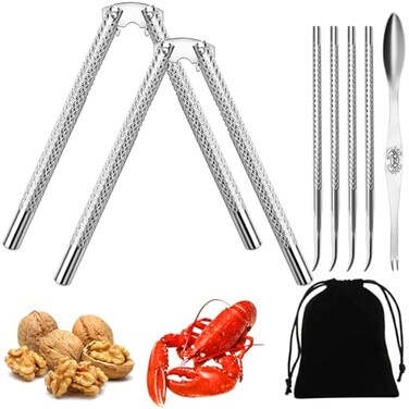 Artcome 8 Pcs Nutcracker Stainless Steel Nut Cracker Set 2 Nut Cracker 4 Picks 1 Wide Crab Fork and 1 Storage Bag