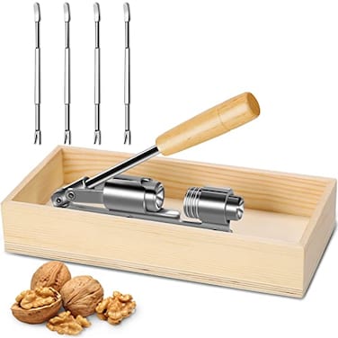 Artcome Heavy Duty Pecan Nut Cracker Tool with 4 Forks Wood Handle Base with Rectangular Wooden Box Base for Walnuts Chestnuts Almonds Pecans Hazelnuts