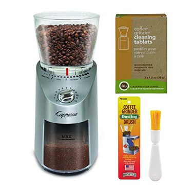 Capresso 57505 Infinity Plus Conical Burr Grinder Bundle with Large Bean Container Stainless Steel Includes Cleaning Tablets and Dusting Brush 3 Items