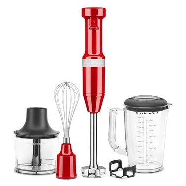 KitchenAid Variable Speed Corded Hand Blender with Blending Pitcher Whisk and Chopper Attachments KHBV83ER Empire Red