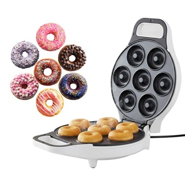 Chef Buddy Mini Donut Maker Durable Nonstick Easy to Use Mini Baking Machine Cooks 7 Mini Doughnuts at a Time Glazed Frosted with Sprinkles Nuts or Vegan Donuts More White