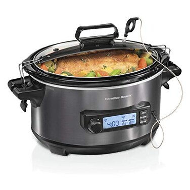 Hamilton Beach Portable 6 Quart Set Forget Digital Programmable Slow Cooker with Lid Lock Temperature Probe Dishwasher Safe Crock Lid Black Stainless 33866