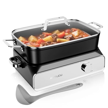 AUTUCU Slow Cooker 10Quart PFOAFree Ceramic Coating Oven Safe to 450F Keep Warm Function for Large Family Gatherings Includes Silicone Spoon
