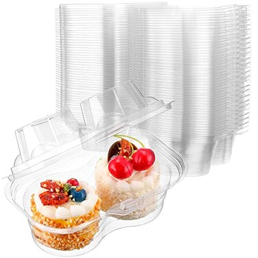 Eaasty 100 Pcs 2 Compartment Plastic Cupcake Containers Disposable Deep Cupcake Carrier Holder Box with Lids Stackable Clear Dessert Container for Muffin Pies Weddings Birthday Party