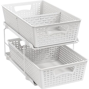 Simple Houseware 2 Tier Bathroom Organizer Tray PullOut Sliding Drawer Under Sink Storage White