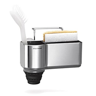 simplehuman Sink Caddy Sponge Holder for Kitchen Sink with Compartment Dividers 4 Suction Cups Wire Ledge Hanger for Secure Mount Vented Base for Fast Drying Brushed Stainless Steel