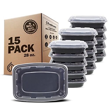 Freshware Meal Prep Containers 15 Pack 1 Compartment Food Storage Containers with Lids Bento Box BPA Free Stackable MicrowaveDishwasherFreezer Safe 28 oz Black