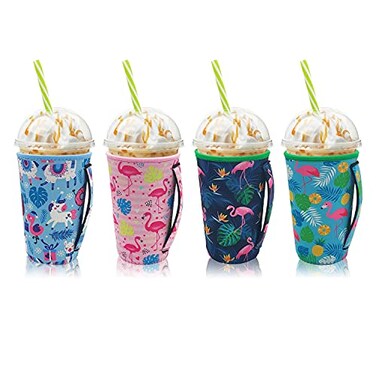 AJLTPA 4Pack Reusable Iced Coffee Sleeve Insulator Sleeves for Cold Drinks Beverages Neoprene Cup Sleeve With Handle for Most Coffee Fits 3032oz Large Cups Flamingo with handle