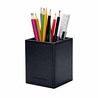 UnionBasic Square Pen Holder Leather Pencil Cup Desktop Caddy Stationery Organizer Black
