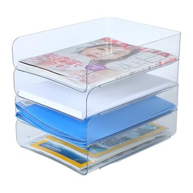 HKeeper 4pcs Pack Stackable Paper TraysLetter Tray OrganizerOffice Desktop OrganizerA4 Paper HolderSupplies MagazineFile DocumentsReceiptsClearRegular