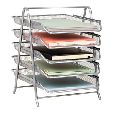 Mind Reader 5Tier Paper Tray Organizer Vertical Desktop File Storage Rack Office Metal Mesh Silver