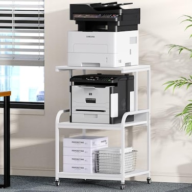 EasyCom Printer Stand Large 3 Tier Printer Table with Wheels Industrial Printer Storage Cart Rolling Printer Cart with Storage Shelf for Printer Scanner Fax Home Office Use White