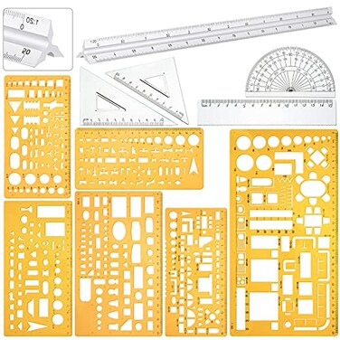 Zonon 10 Pcs Plastic Drawing Template Ruler Geometric Drawing 12 Inch Triangular Aluminum Architect Scale Measuring Templates Building Geometric Kit Plastic Ruler for DraftingStylishYellow