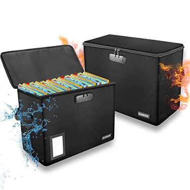 ELOBOON 2 Pack Comic Book Storage Box Fireproof WaterResistant Comic Book Box with Lock and Label Window Moistureproof Comic Short Box with Fire Zipper Comic Book Bin with NonSlip Bottom Black