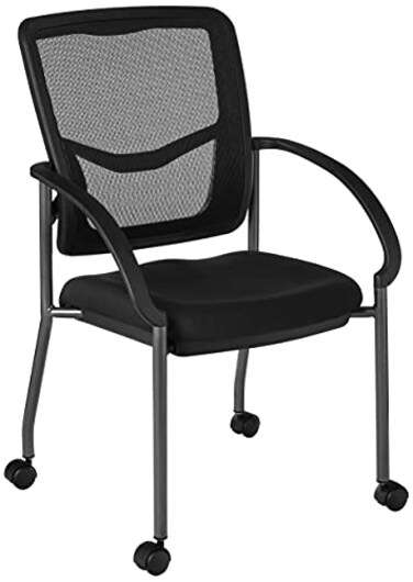 Office Star ProGrid Deluxe Stackable Visitors Chair with Breathable Back and Padded Lumbar Support Seat with Rolling Casters Coal FreeFlex