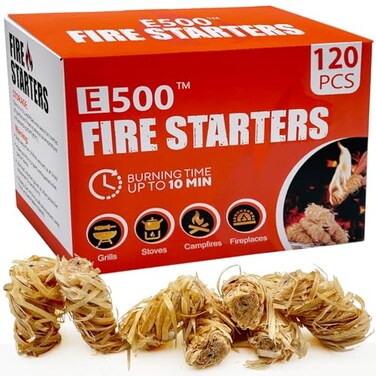 E500 Fire Starter Natural Fire Starters for Fireplace Campfires Chimney BBQ Fire Pit Wood Fireplace 120 Pack Natural Pine Firestarters