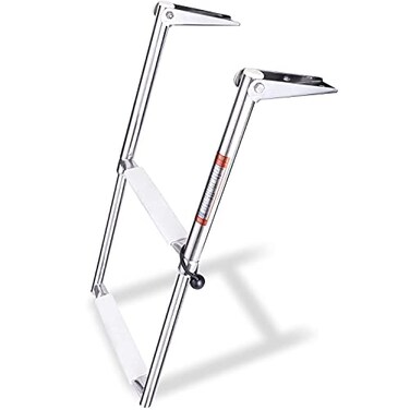 Young Marine 2 Steps Stainless Steel Drop Down Telescopic and Folding Boat Ladder with White Plastic FootboardOver Platform Mounting