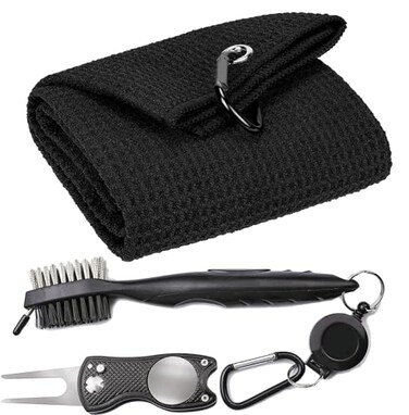 VIVIDLY Microfiber Waffle Pattern Trifold Golf Towel Set Golf Club Brush Golf Divot Tool