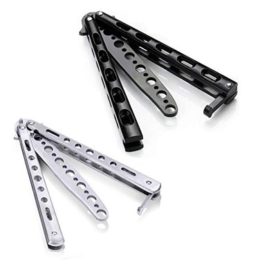 Moon Boat 2PCS Butterfly Training Set Metal Flipping Practice Tools for Beginners Advanced Users Safe Design with Skeletonized Handles Black Silver