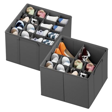 SpaceAid Shoe Organizer for Closet 2 Pack Foldable Shoe Storage Containers Baskets Boxes Bins wAdjustable Dividers Fits 1632 Pairs Grey