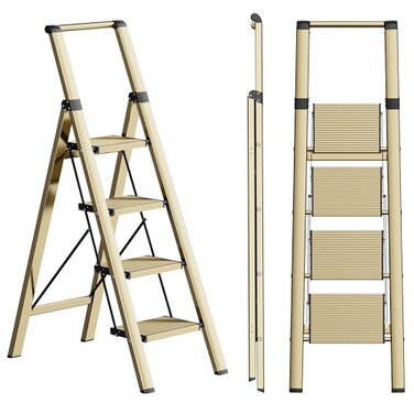 Soladder SOLADDER 4 Step Ladder Folding Step Stool with AntiSlip Wide Sturdy Pedal and Handgrip Portable Lightweight Aluminum Stepladder 300 lbs Capacity MultiUse for Home Library Brown Gold